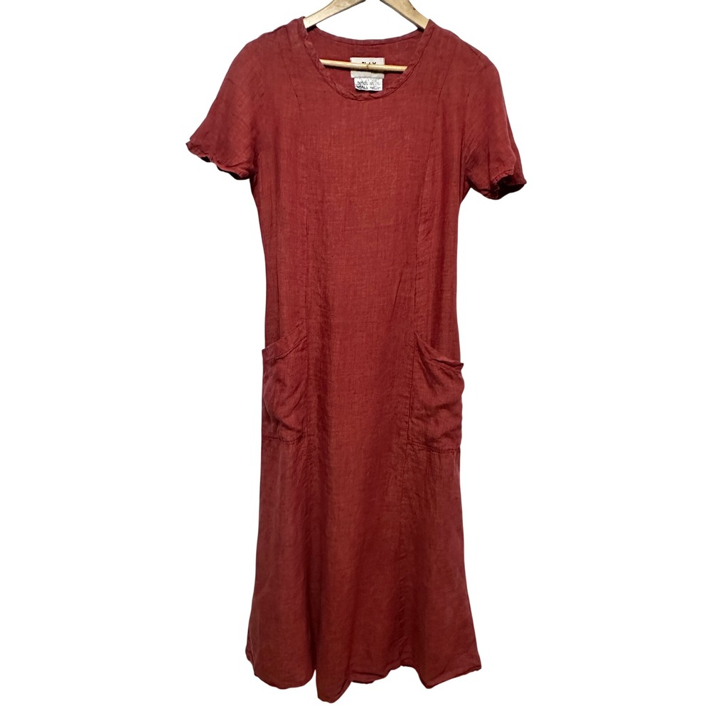 Vintage FLAX Linen Shift Maxi Dress Womens Small Red Tie Back Lagenlook Earthy